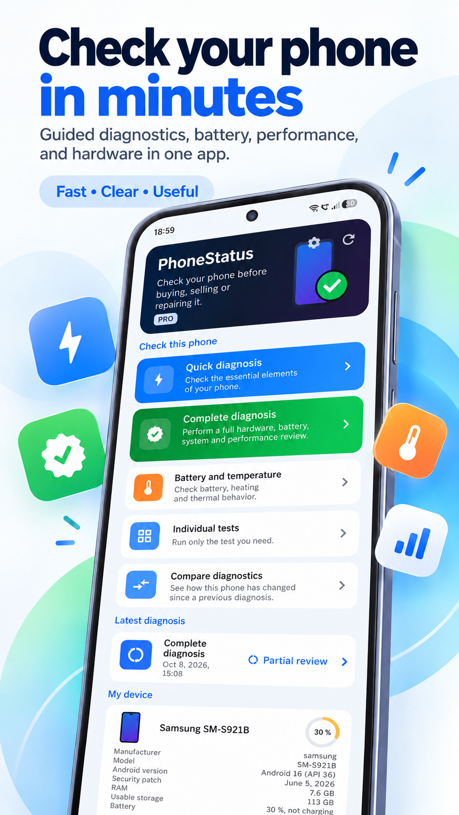 PhoneStatus home screen in English